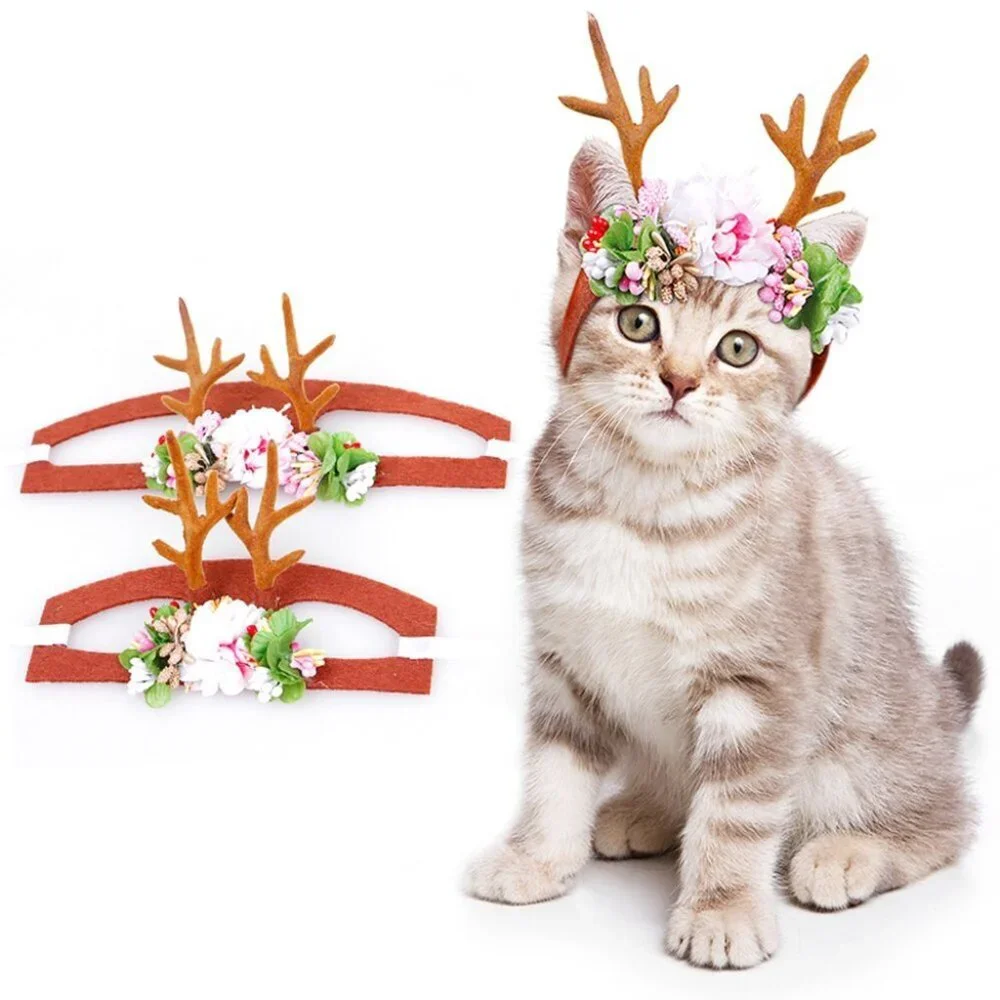 Pet Elk Cat Antler Headband Flower Pet Headwear Christmas Dog Costume